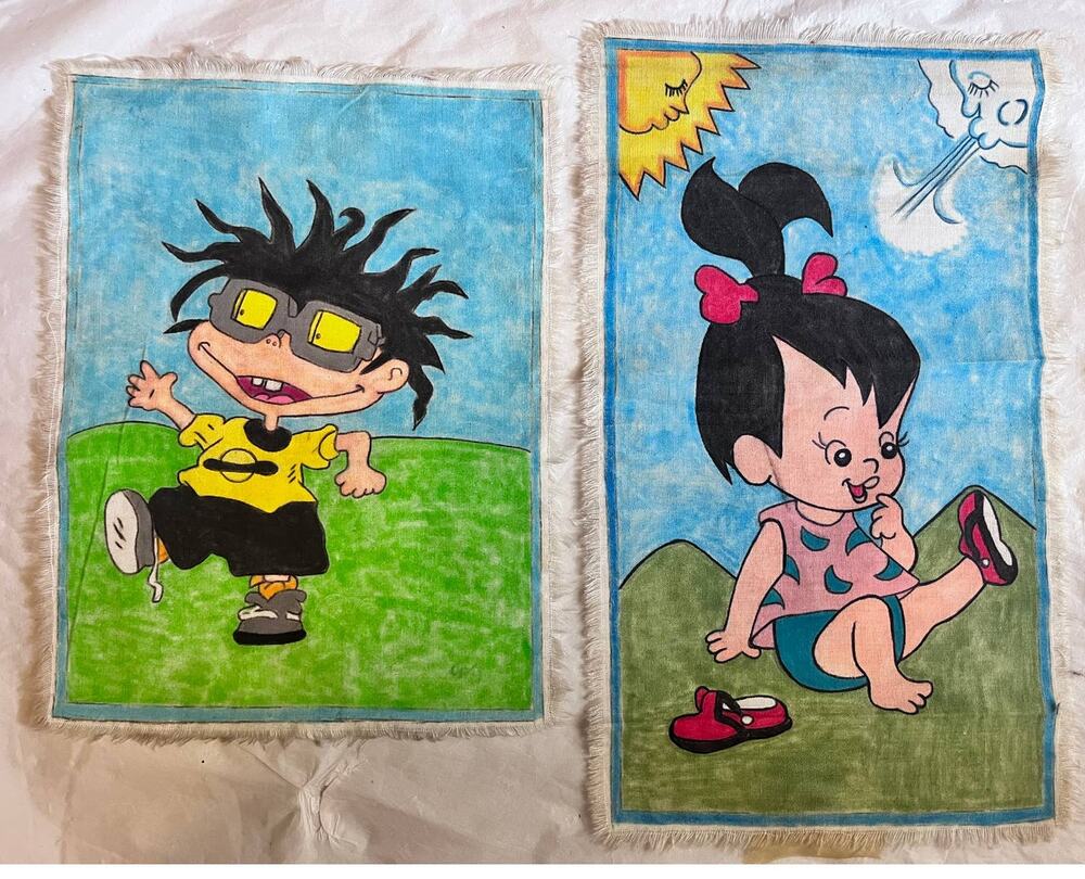 Lot Of 2 Painted Fabric Art Children, Kids, Rugrats, Boy 9.5" x 7" Girl 12" x 7"